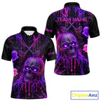Custom Name Purple Pink Halloween Golf Polo Shirt, Spooky Neon Skull Ghost Golfing Apparel