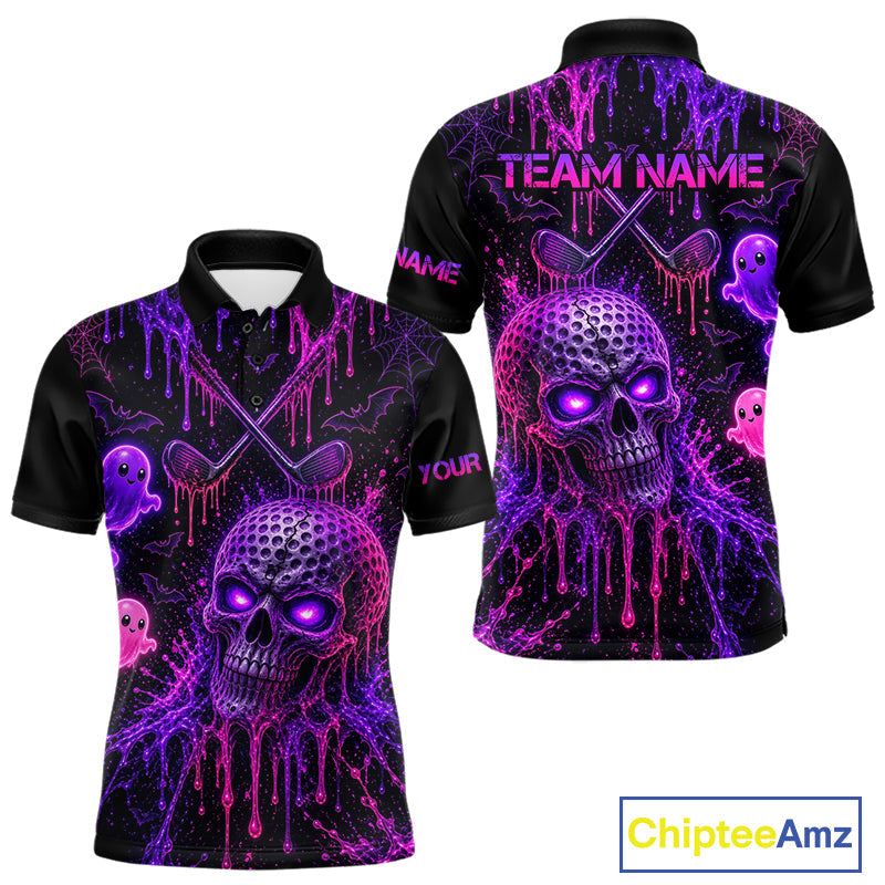 Custom Name Purple Pink Halloween Golf Polo Shirt, Spooky Neon Skull Ghost Golfing Apparel