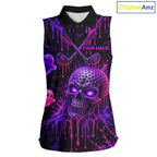 Custom Name Purple Pink Halloween Sleeveless Golf Polo Shirt, Spooky Neon Skull Ghost Golfing Apparel