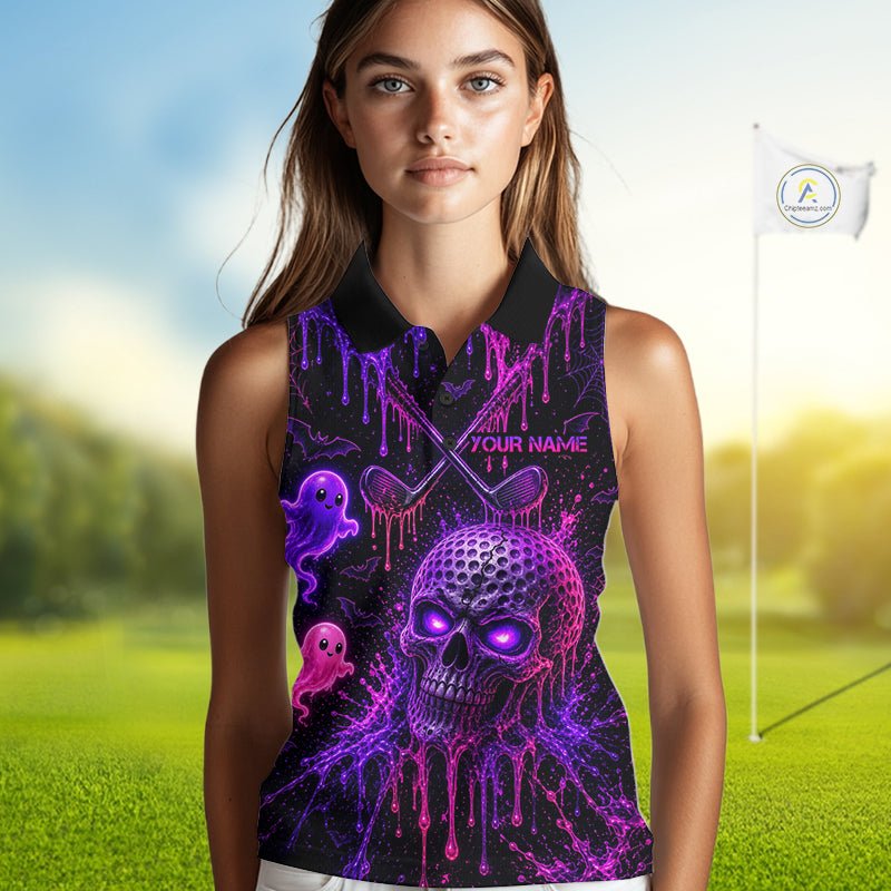 Custom Name Purple Pink Halloween Sleeveless Golf Polo Shirt, Spooky Neon Skull Ghost Golfing Apparel