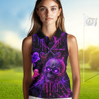 Custom Name Purple Pink Halloween Sleeveless Golf Polo Shirt, Spooky Neon Skull Ghost Golfing Apparel