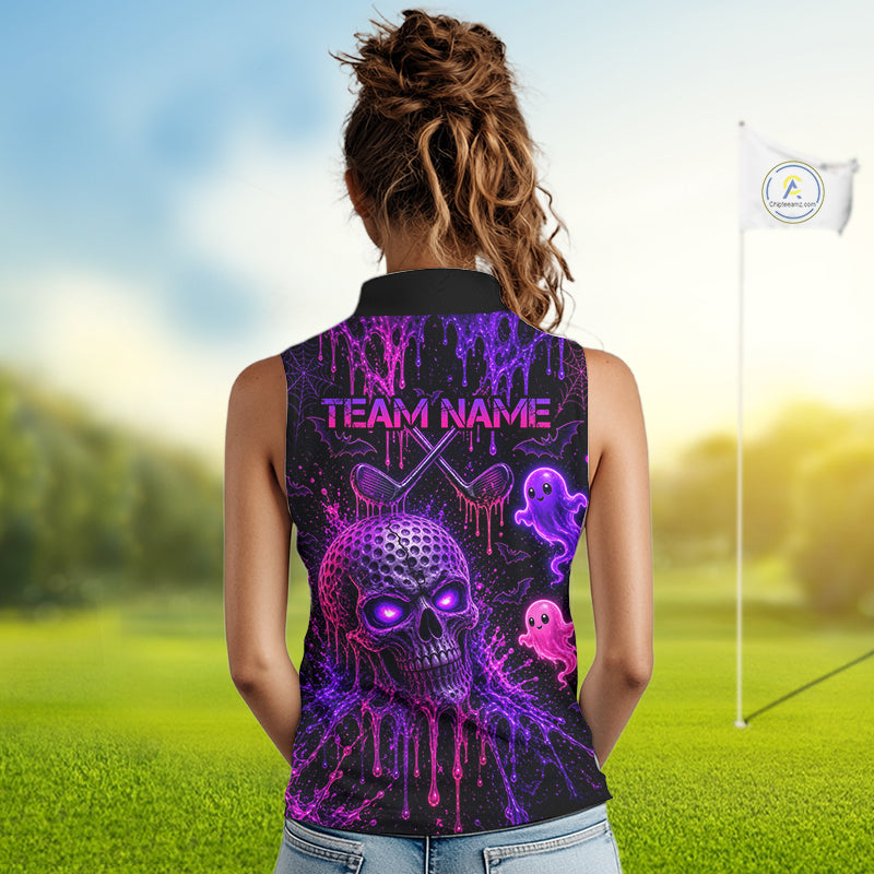 Custom Name Purple Pink Halloween Sleeveless Golf Polo Shirt, Spooky Neon Skull Ghost Golfing Apparel