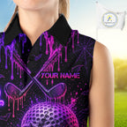 Custom Name Purple Pink Halloween Sleeveless Golf Polo Shirt, Spooky Neon Skull Ghost Golfing Apparel