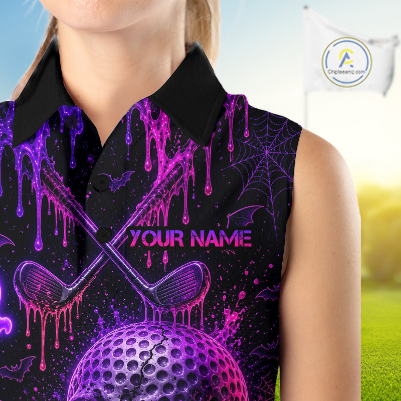 Custom Name Purple Pink Halloween Sleeveless Golf Polo Shirt, Spooky Neon Skull Ghost Golfing Apparel