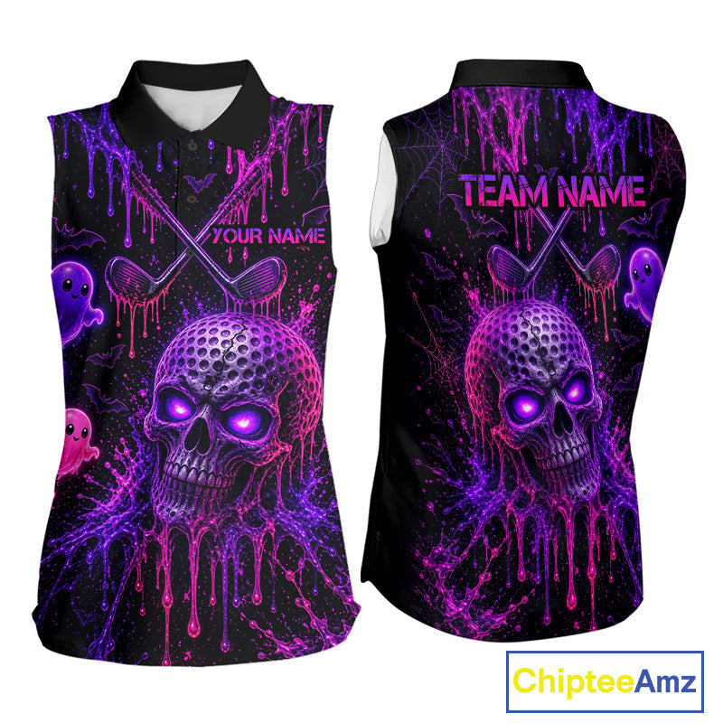Custom Name Purple Pink Halloween Sleeveless Golf Polo Shirt, Spooky Neon Skull Ghost Golfing Apparel