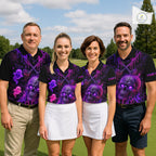 Custom Name Purple Pink Halloween Golf Polo Shirt, Spooky Neon Skull Ghost Golfing Apparel