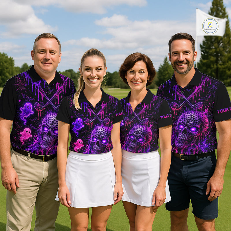 Custom Name Purple Pink Halloween Golf Polo Shirt, Spooky Neon Skull Ghost Golfing Apparel