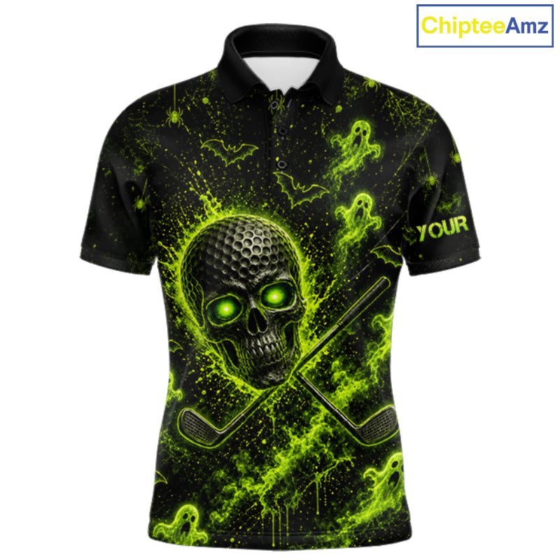 Custom Green Halloween Golf Team Shirt With Name, Neon Lime Skull Spooky Golf Polo Apparel