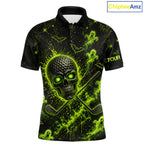 Custom Green Halloween Golf Team Shirt With Name, Neon Lime Skull Spooky Golf Polo Apparel