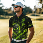 Custom Green Halloween Golf Team Shirt With Name, Neon Lime Skull Spooky Golf Polo Apparel