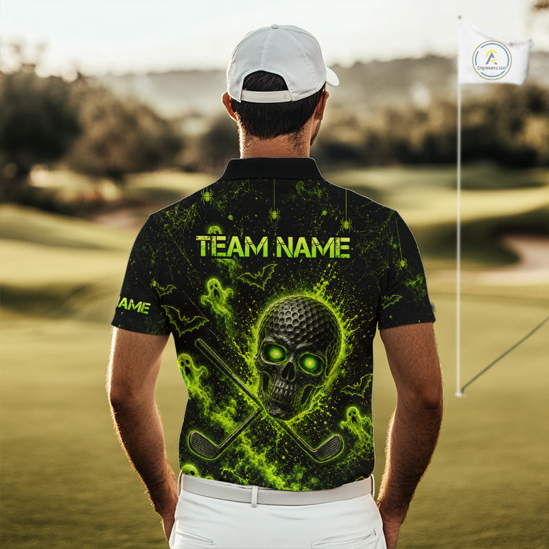 Custom Green Halloween Golf Team Shirt With Name, Neon Lime Skull Spooky Golf Polo Apparel