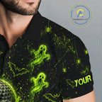 Custom Green Halloween Golf Team Shirt With Name, Neon Lime Skull Spooky Golf Polo Apparel