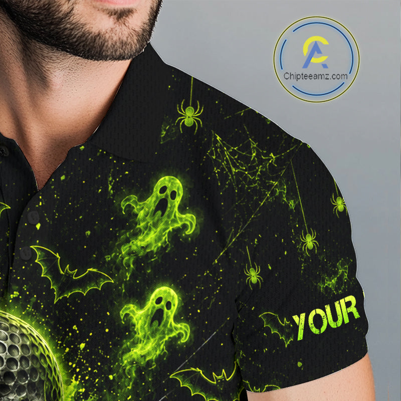 Custom Green Halloween Golf Team Shirt With Name, Neon Lime Skull Spooky Golf Polo Apparel