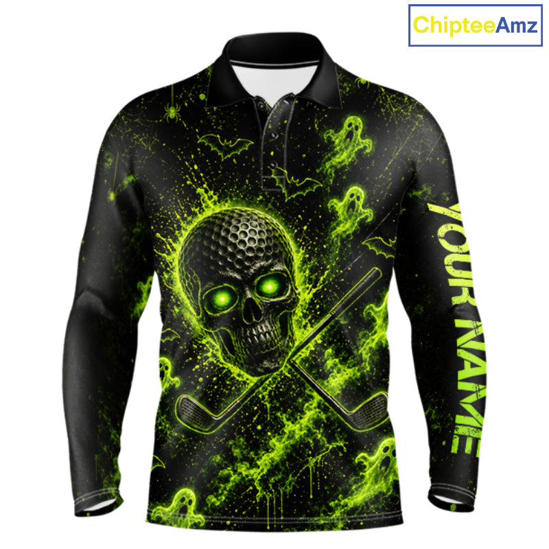 Custom Green Halloween Golf Team Shirt With Name, Neon Lime Skull Spooky Golf Polo Apparel