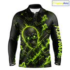 Custom Green Halloween Golf Team Shirt With Name, Neon Lime Skull Spooky Golf Polo Apparel