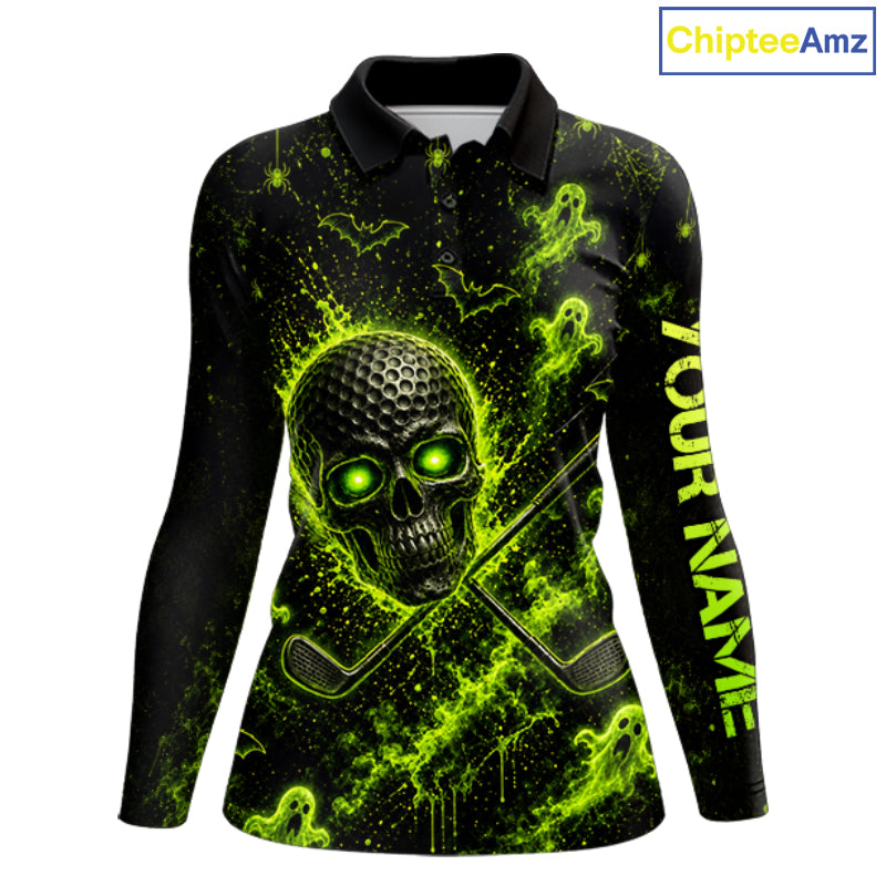 Custom Green Halloween Golf Team Shirt With Name, Neon Lime Skull Spooky Golf Polo Apparel