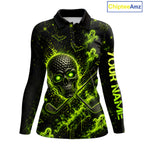 Custom Green Halloween Golf Team Shirt With Name, Neon Lime Skull Spooky Golf Polo Apparel