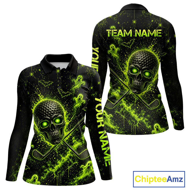 Custom Green Halloween Golf Team Shirt With Name, Neon Lime Skull Spooky Golf Polo Apparel