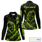 Custom Green Halloween Golf Team Shirt With Name, Neon Lime Skull Spooky Golf Polo Apparel