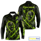 Custom Green Halloween Golf Team Shirt With Name, Neon Lime Skull Spooky Golf Polo Apparel
