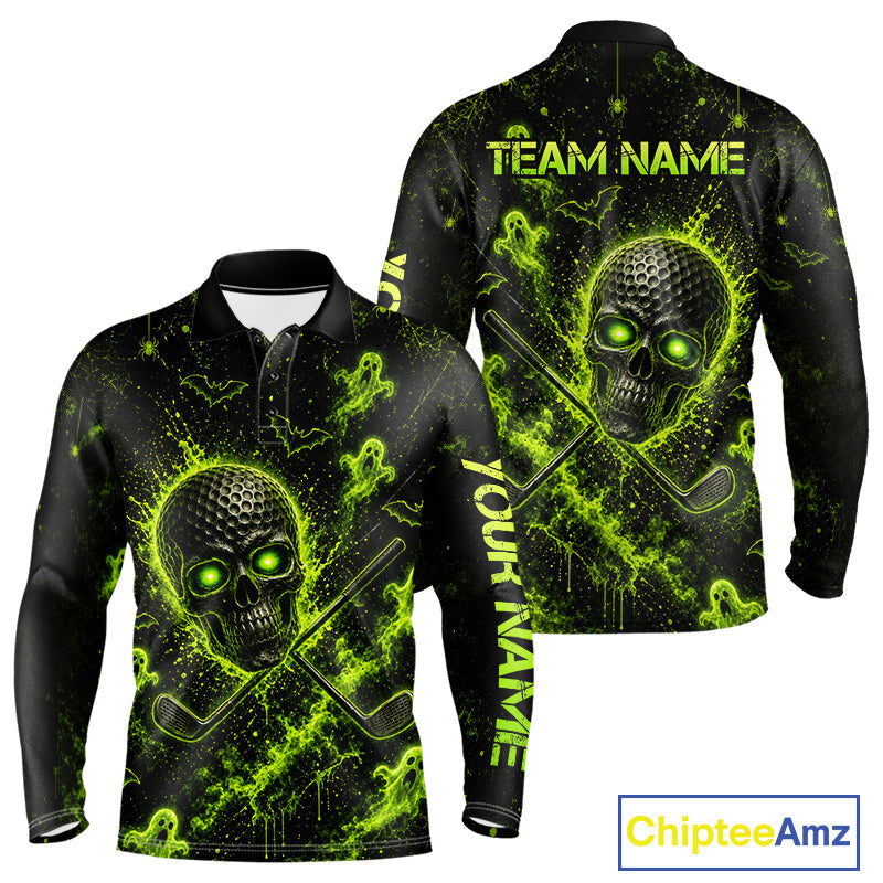 Custom Green Halloween Golf Team Shirt With Name, Neon Lime Skull Spooky Golf Polo Apparel