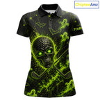 Custom Green Halloween Golf Team Shirt With Name, Neon Lime Skull Spooky Golf Polo Apparel