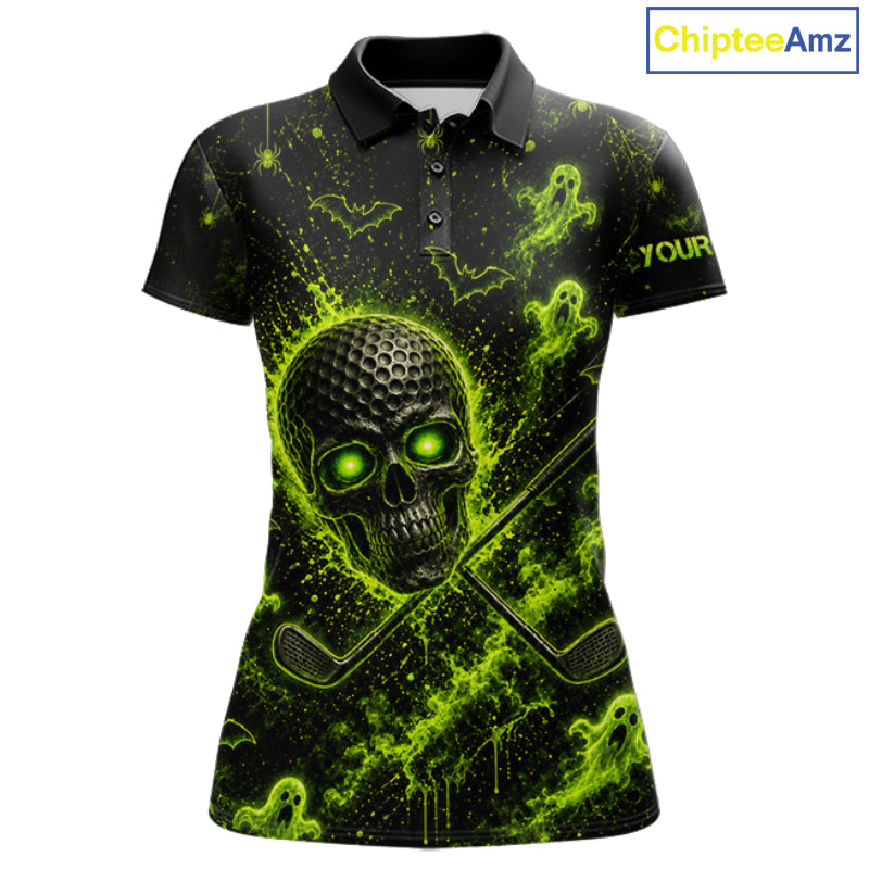 Custom Green Halloween Golf Team Shirt With Name, Neon Lime Skull Spooky Golf Polo Apparel