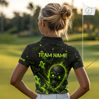 Custom Green Halloween Golf Team Shirt With Name, Neon Lime Skull Spooky Golf Polo Apparel
