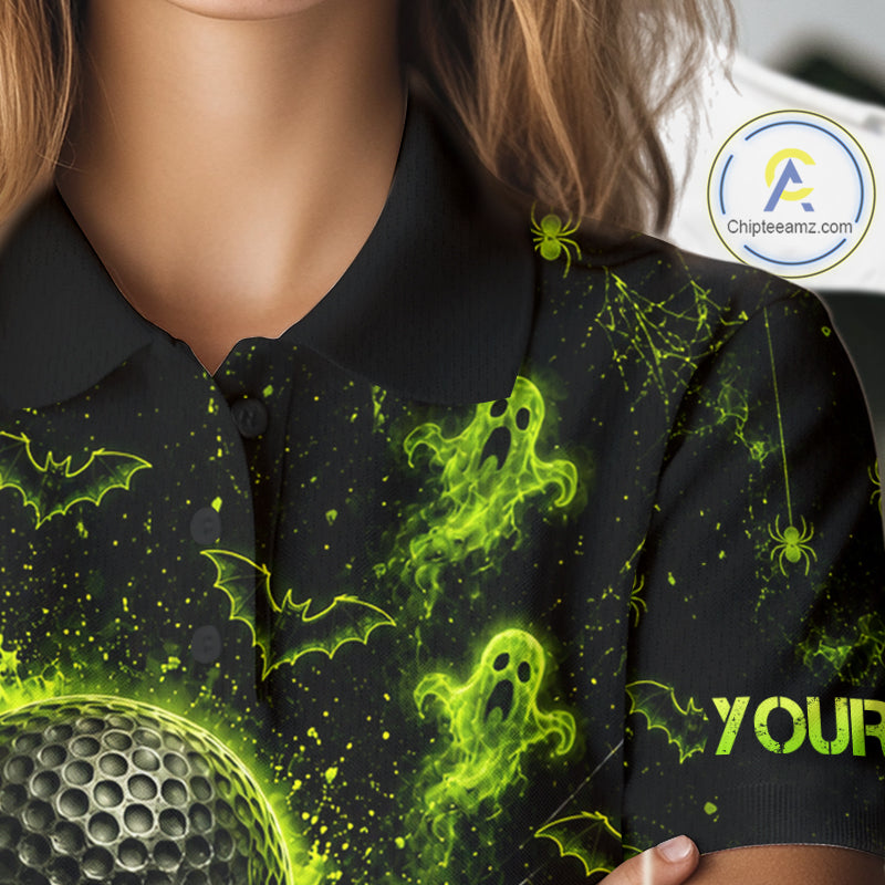 Custom Green Halloween Golf Team Shirt With Name, Neon Lime Skull Spooky Golf Polo Apparel