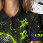 Custom Green Halloween Golf Team Shirt With Name, Neon Lime Skull Spooky Golf Polo Apparel