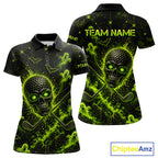 Custom Green Halloween Golf Team Shirt With Name, Neon Lime Skull Spooky Golf Polo Apparel