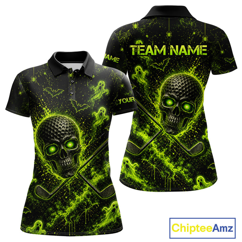 Custom Green Halloween Golf Team Shirt With Name, Neon Lime Skull Spooky Golf Polo Apparel