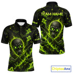 Custom Green Halloween Golf Team Shirt With Name, Neon Lime Skull Spooky Golf Polo Apparel