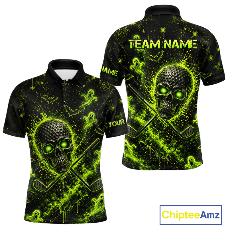 Custom Green Halloween Golf Team Shirt With Name, Neon Lime Skull Spooky Golf Polo Apparel