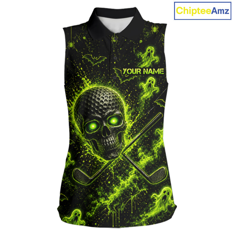 Custom Green Halloween Sleeveless Golf Team Shirt With Name, Neon Lime Skull Spooky Golf Polo Apparel