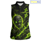Custom Green Halloween Sleeveless Golf Team Shirt With Name, Neon Lime Skull Spooky Golf Polo Apparel