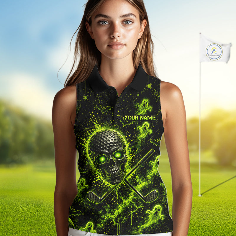 Custom Green Halloween Sleeveless Golf Team Shirt With Name, Neon Lime Skull Spooky Golf Polo Apparel