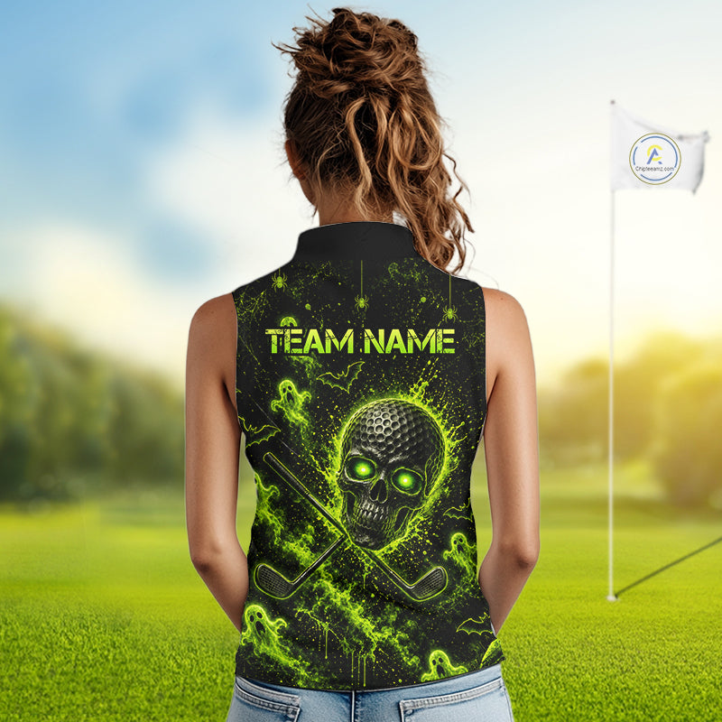 Custom Green Halloween Sleeveless Golf Team Shirt With Name, Neon Lime Skull Spooky Golf Polo Apparel