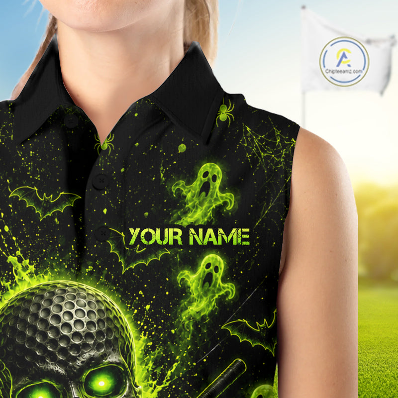 Custom Green Halloween Sleeveless Golf Team Shirt With Name, Neon Lime Skull Spooky Golf Polo Apparel