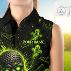 Custom Green Halloween Sleeveless Golf Team Shirt With Name, Neon Lime Skull Spooky Golf Polo Apparel