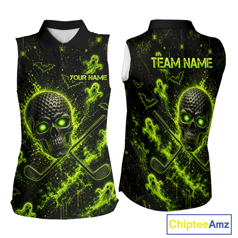 Custom Green Halloween Sleeveless Golf Team Shirt With Name, Neon Lime Skull Spooky Golf Polo Apparel