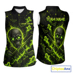 Custom Green Halloween Sleeveless Golf Team Shirt With Name, Neon Lime Skull Spooky Golf Polo Apparel