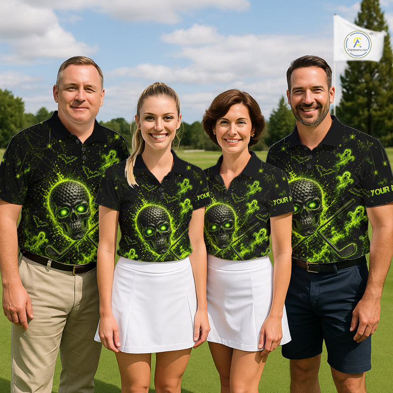 Custom Green Halloween Golf Team Shirt With Name, Neon Lime Skull Spooky Golf Polo Apparel