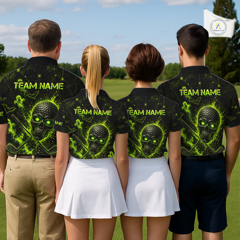 Custom Green Halloween Golf Team Shirt With Name, Neon Lime Skull Spooky Golf Polo Apparel