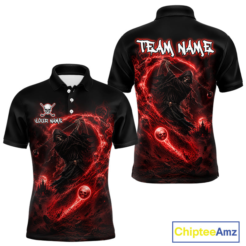 Red Grim Reaper Golf Polo Shirt – Personalized Team Name Gothic Golf Jersey
