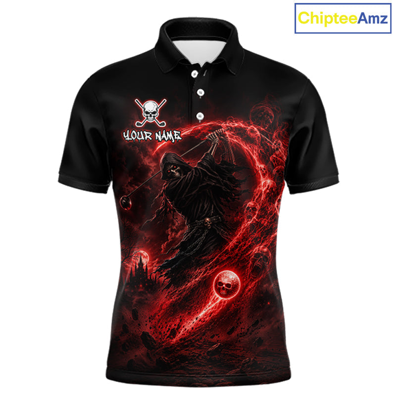 Red Grim Reaper Golf Polo Shirt – Personalized Team Name Gothic Golf Jersey