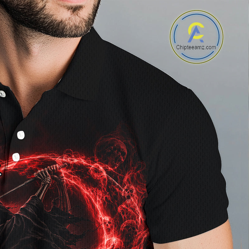 Red Grim Reaper Golf Polo Shirt – Personalized Team Name Gothic Golf Jersey