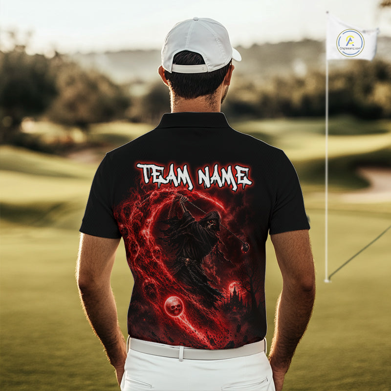 Red Grim Reaper Golf Polo Shirt – Personalized Team Name Gothic Golf Jersey