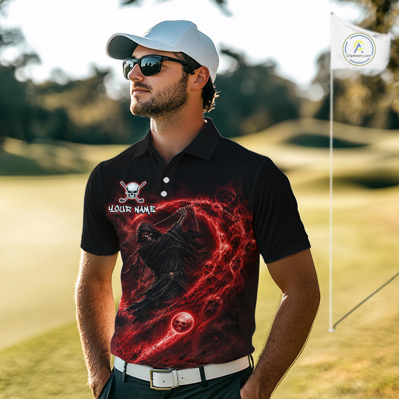 Red Grim Reaper Golf Polo Shirt – Personalized Team Name Gothic Golf Jersey