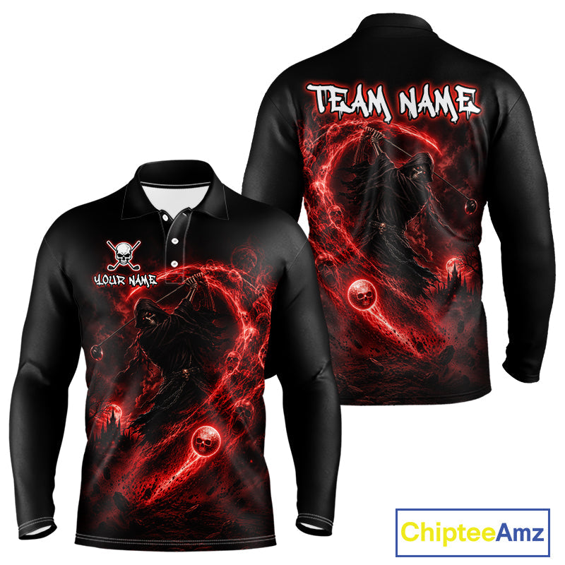 Red Grim Reaper Golf Polo Shirt – Personalized Team Name Gothic Golf Jersey